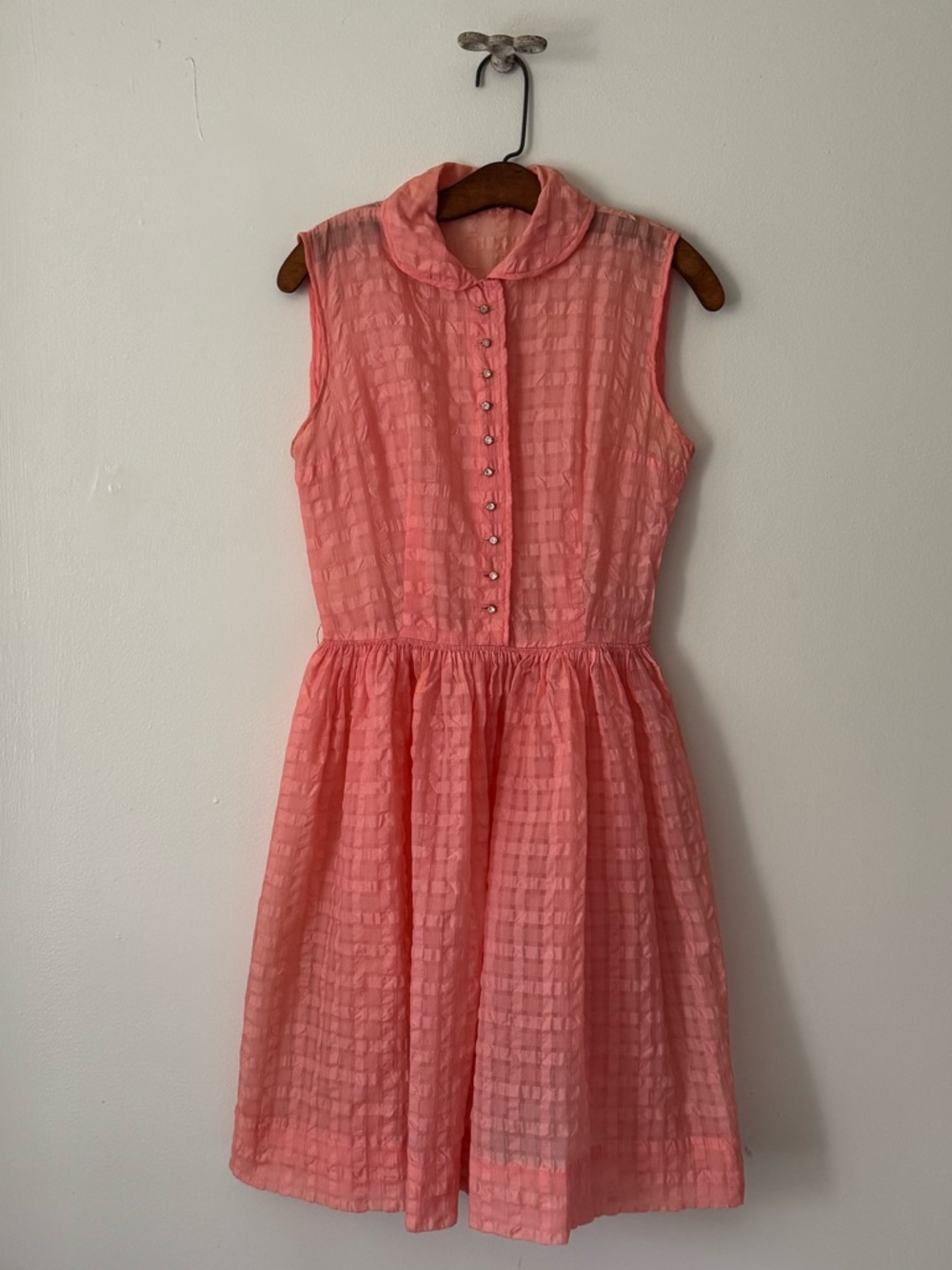Vintage 50s Pink Collared Seersucker Party Dress with Rhinestone Buttons